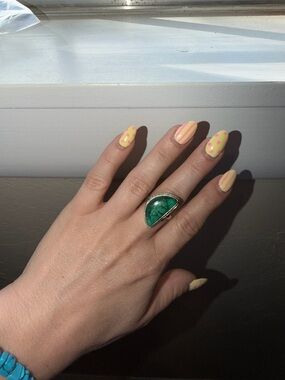 Green Stone Silver Ring - Statement Ring Adjustable Stamped Sterling